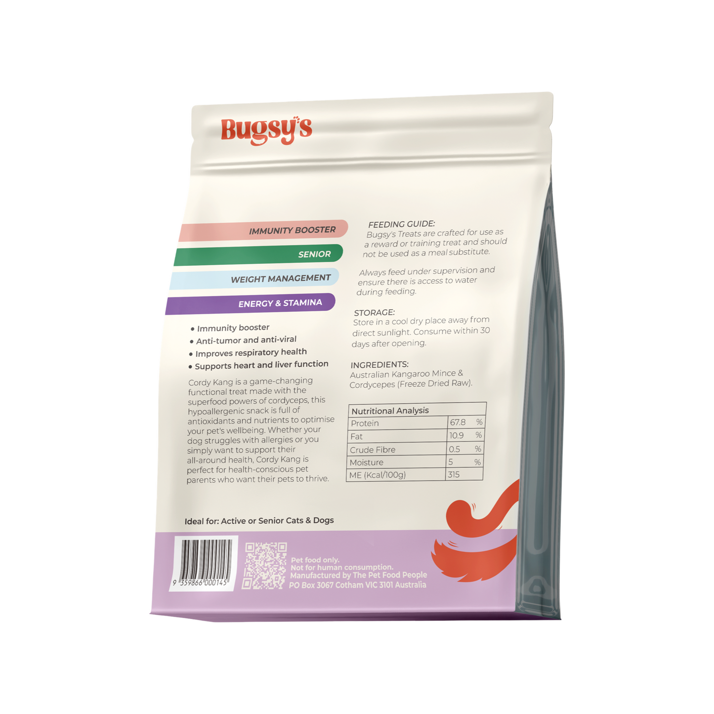 bugsy kangaroo energy & stamina back packaging ingredients and feeding guide shown