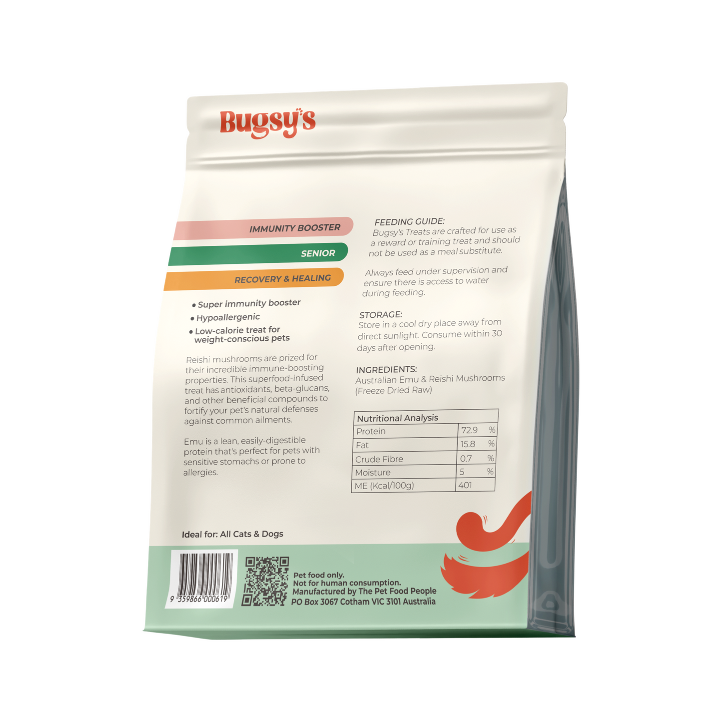 Back view of a pet food package with 'Bugsy's' branding and nutritional information.