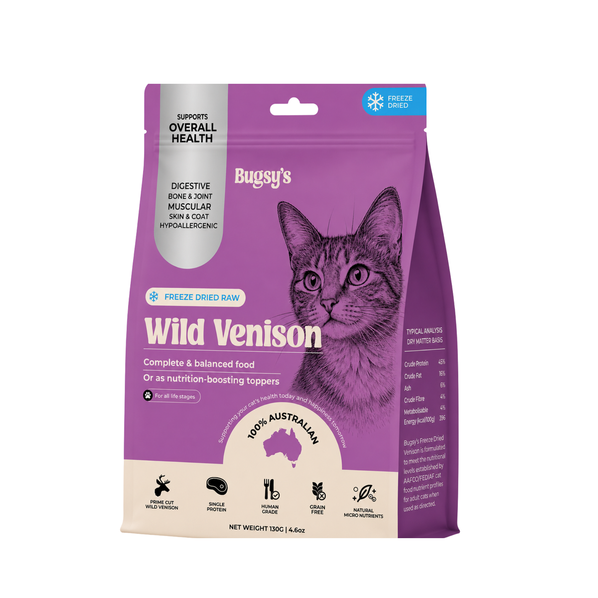 A bag of Buggy's Wild Venison freeze dried raw cat food, featuring a purple and beige design with an illustration of a cat on the front.