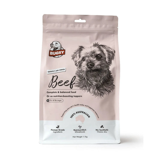 Dog food package with 'Bugsy' branding on a white background