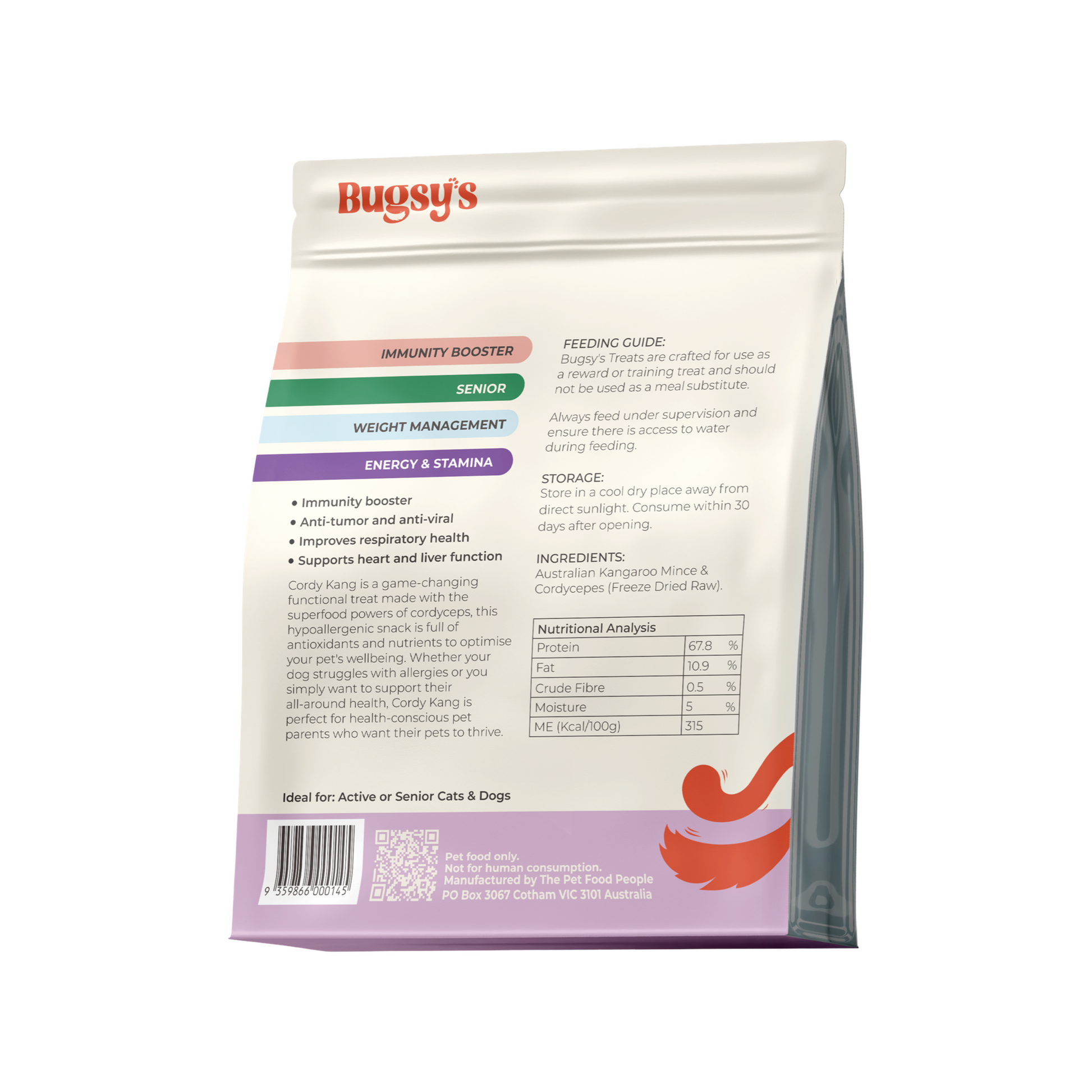 bugsy kangaroo energy & stamina back packaging ingredients and feeding guide shown