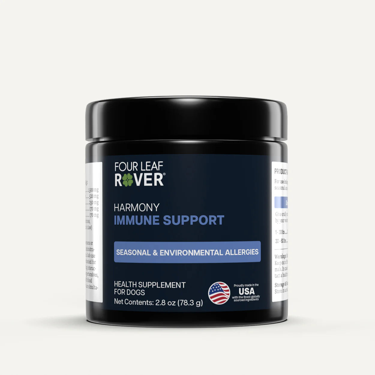 Four Leaf Rover Harmony Immune Support supplement container on a white background