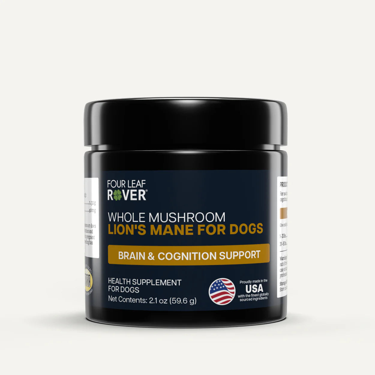 Supplement jar for dogs with 'Four Leaf Rover' branding on a white background
