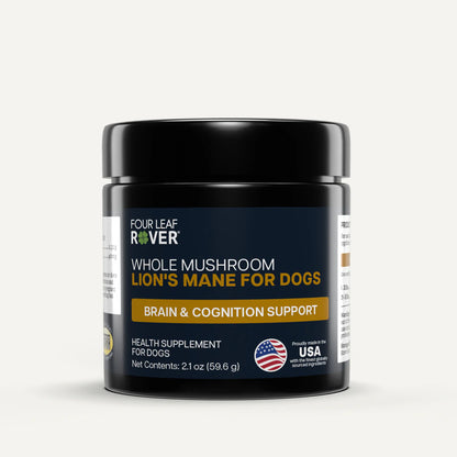 Supplement jar for dogs with 'Four Leaf Rover' branding on a white background