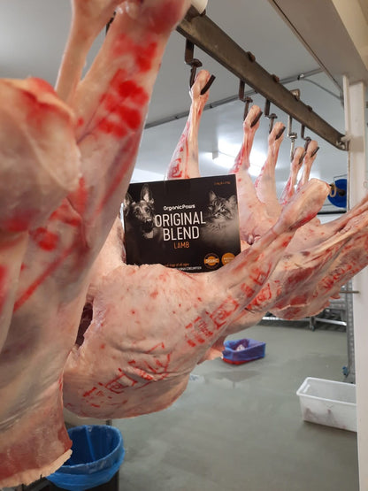 Hanging raw meat with a 'Original Blend' product in the foreground