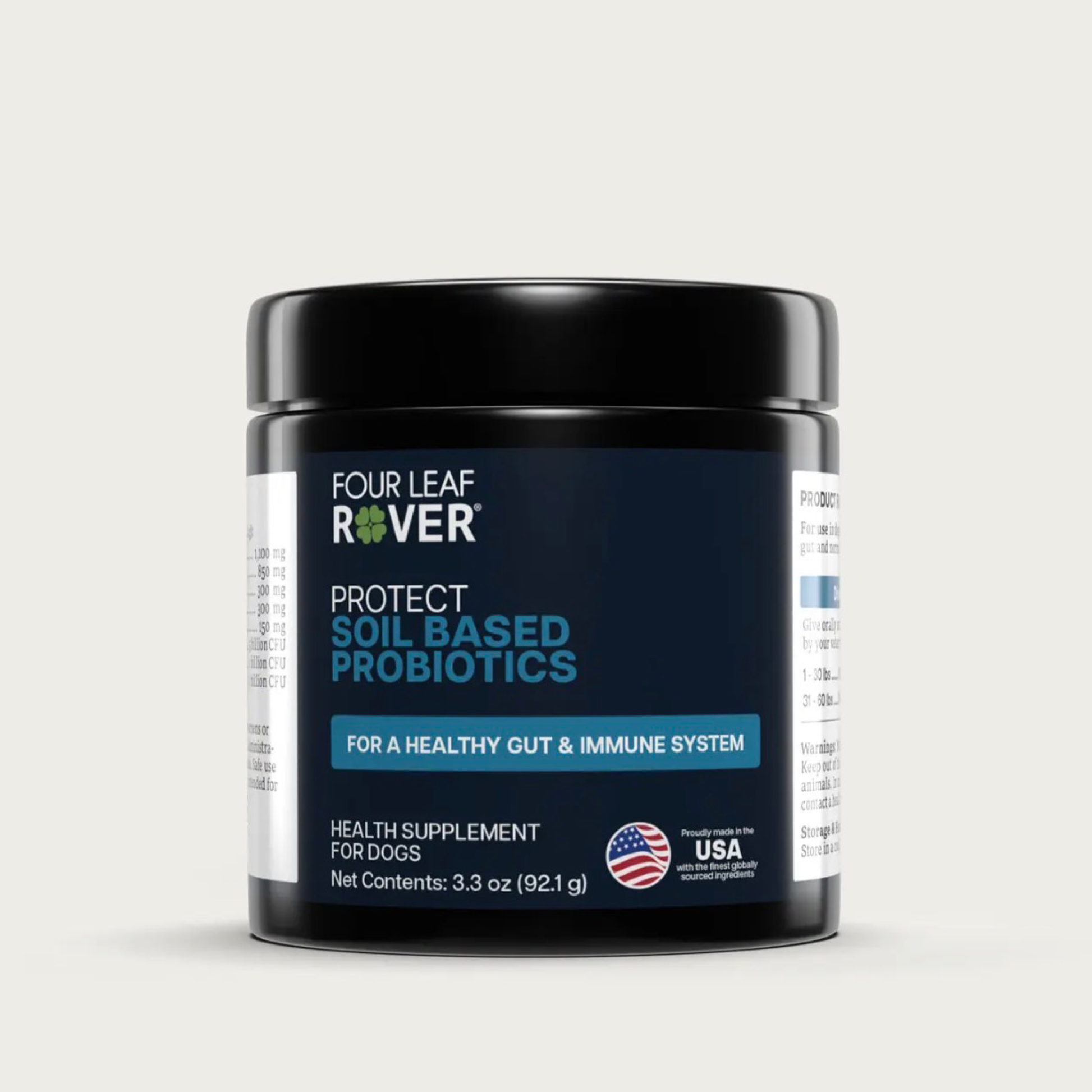 Four Leaf Rover soil-based probiotics container on a light gray background