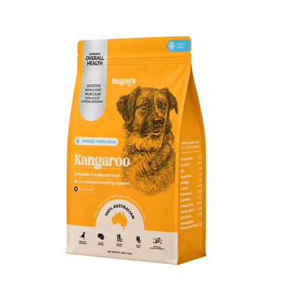A bag of Bugsy's Kangaroo freeze dried raw dog food, featuring a bright orange and beige packaging design with a detailed illustration of a kangaroo dog.