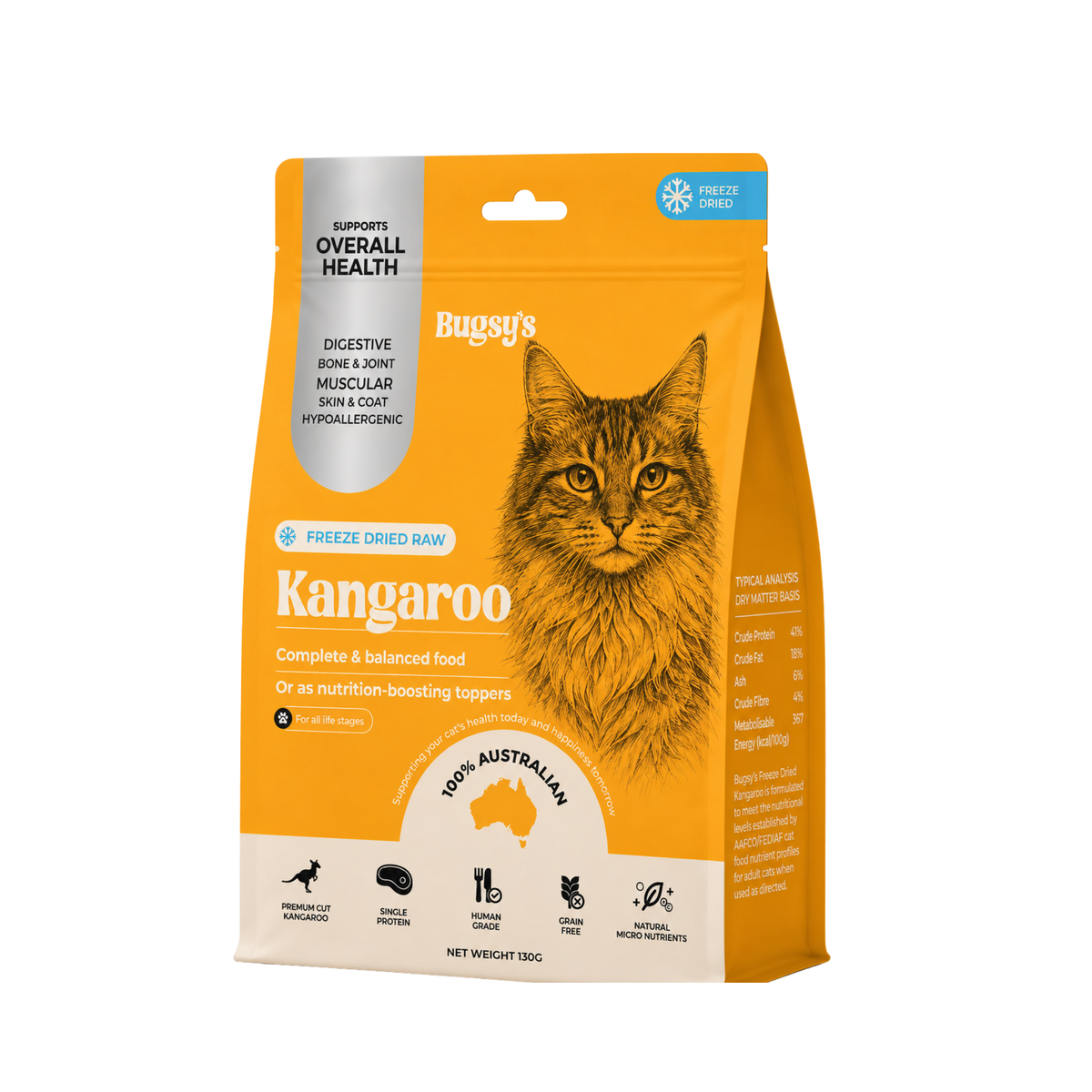 A bag of Bugsy's Kangaroo Freeze Dried Raw cat food, 100g, featuring a bright orange and beige design with a detailed illustration of a kangaroo cat.