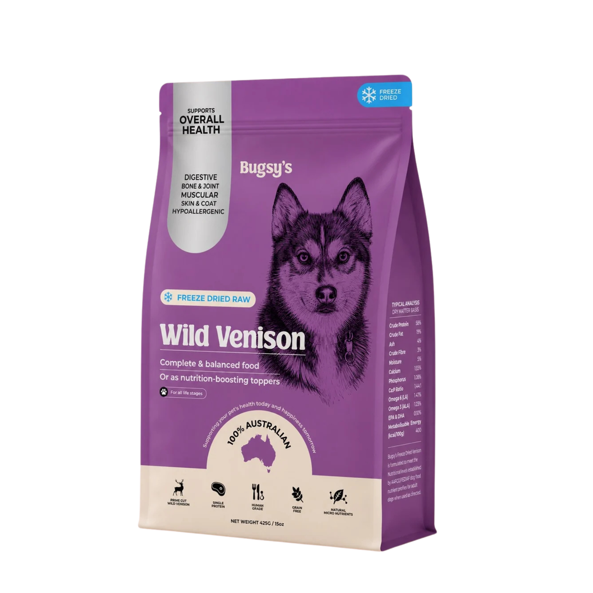 A bag of Bugsy's Wild Venison freeze dried raw dog food, featuring a purple and beige design with a black line art illustration of a husky dog on the front.
