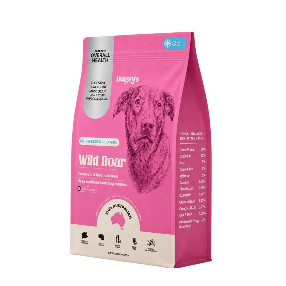 A pink stand-up bag of Buggy's Wild Boar dog food, featuring a large black-and-white illustration of a dog on the front, set against a plain white background.