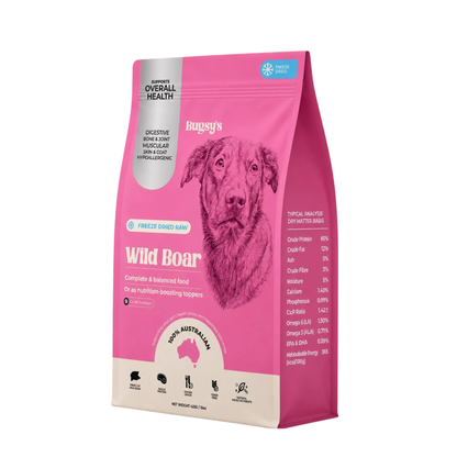 A pink stand-up bag of Buggy's Wild Boar dog food, featuring a large black-and-white illustration of a dog on the front, set against a plain white background.