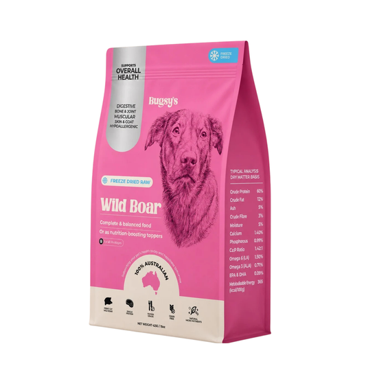 A pink stand-up bag of Buggy's Wild Boar dog food, featuring a large black-and-white illustration of a dog on the front, set against a plain white background.