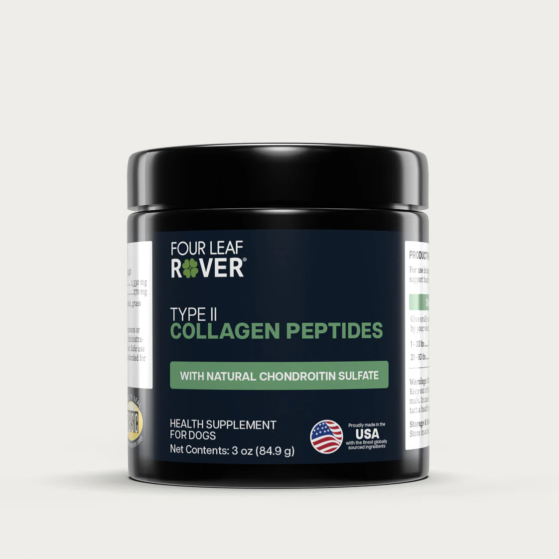 Four Leaf Rover Type II Collagen Peptides container on a white background