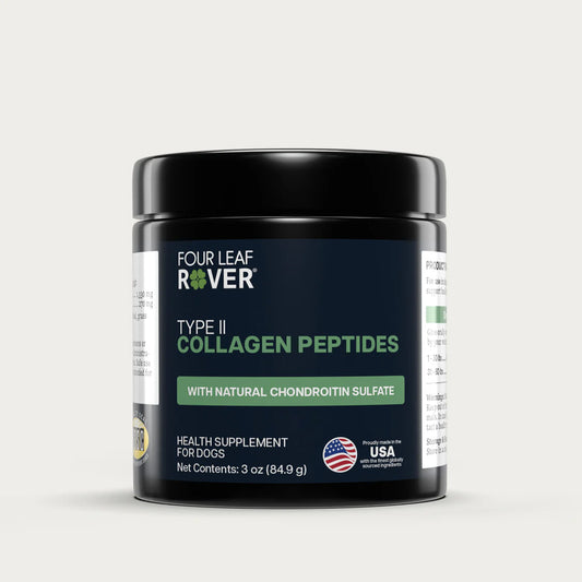 Four Leaf Rover Type II Collagen Peptides container on a white background