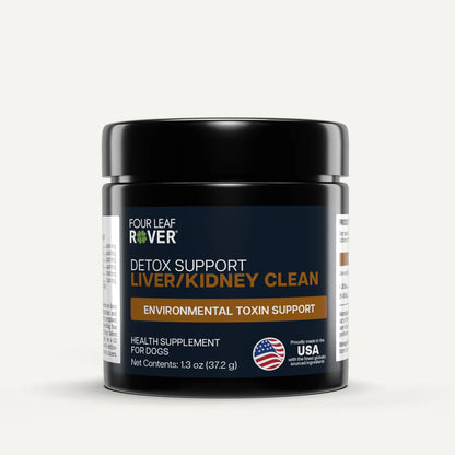 Four Leaf Rover detox support supplement jar for dogs on a white background