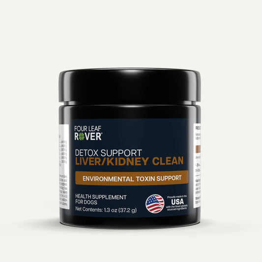 Four Leaf Rover detox support supplement jar for dogs on a white background