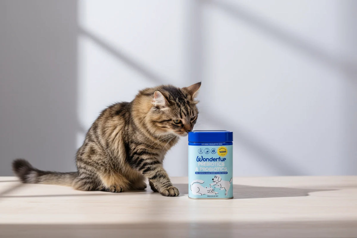 A brown tabby kitten curiously looks at a blue-lidded container of WonderFur cat food placed on a light wooden surface against a white wall with soft window shadows.