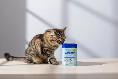 A brown tabby kitten curiously looks at a blue-lidded container of WonderFur cat food placed on a light wooden surface against a white wall with soft window shadows.