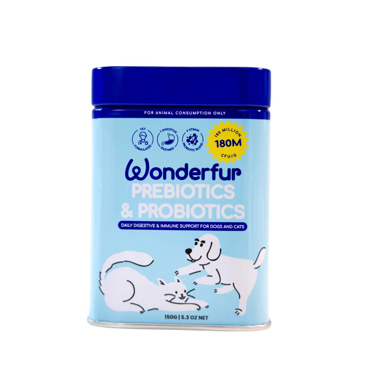 Wonderfur Prebiotics & Probiotics pet supplement container, 180g, featuring a light blue label with a dark blue cap and cartoon illustrations of a dog and cat.