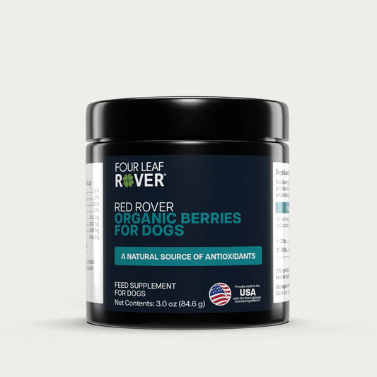 Four Leaf Rover organic berries for dogs supplement container on a light gray background