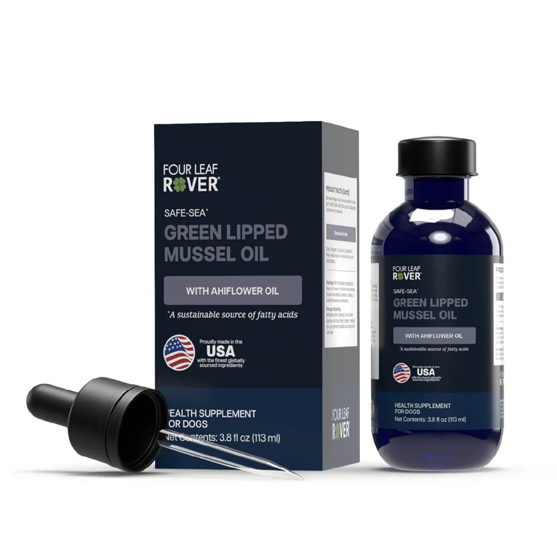 Four Leaf Rover Green Lipped Mussel Oil bottle and packaging on a white background