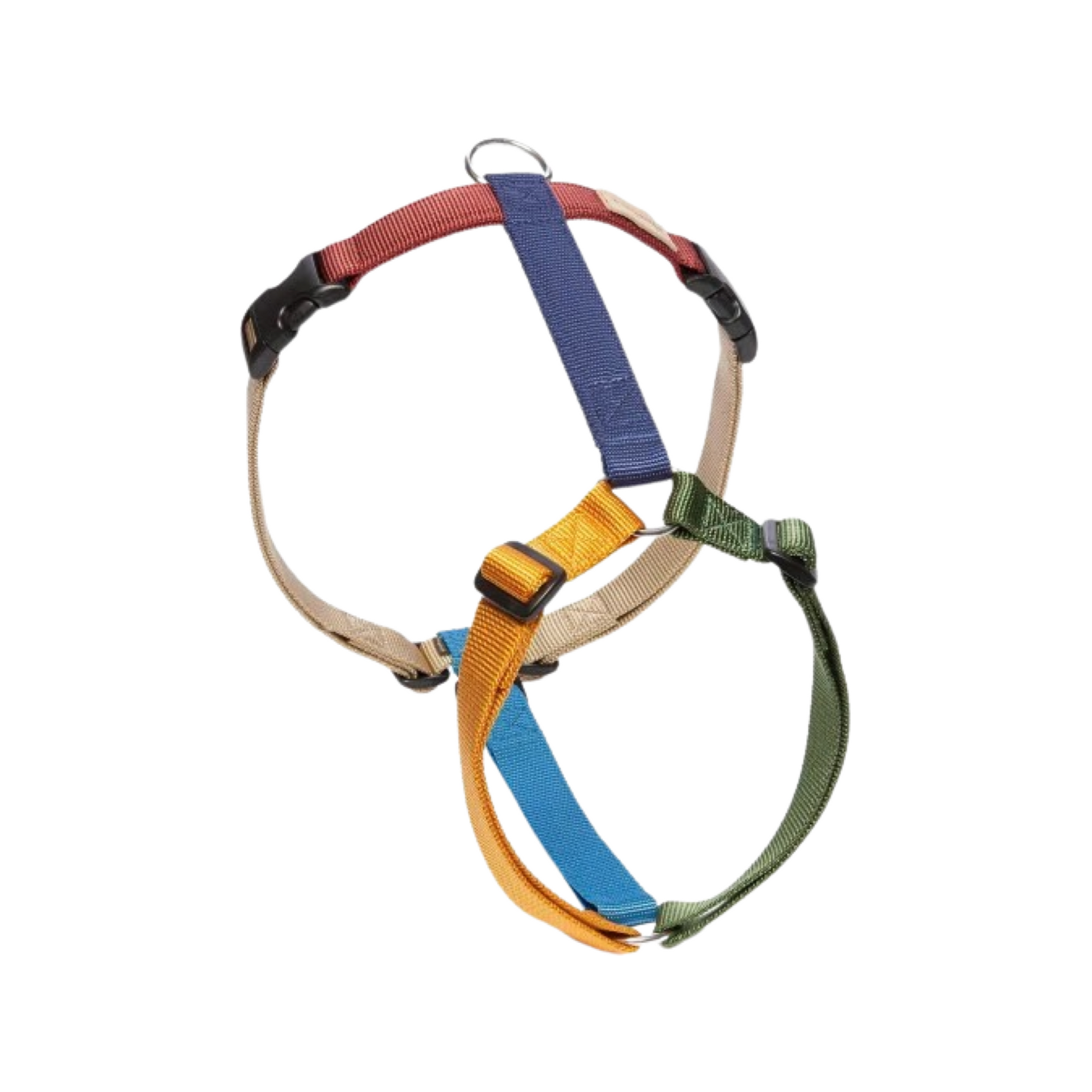 a multicolour harness with 2 clips and a ring for leash to be attached