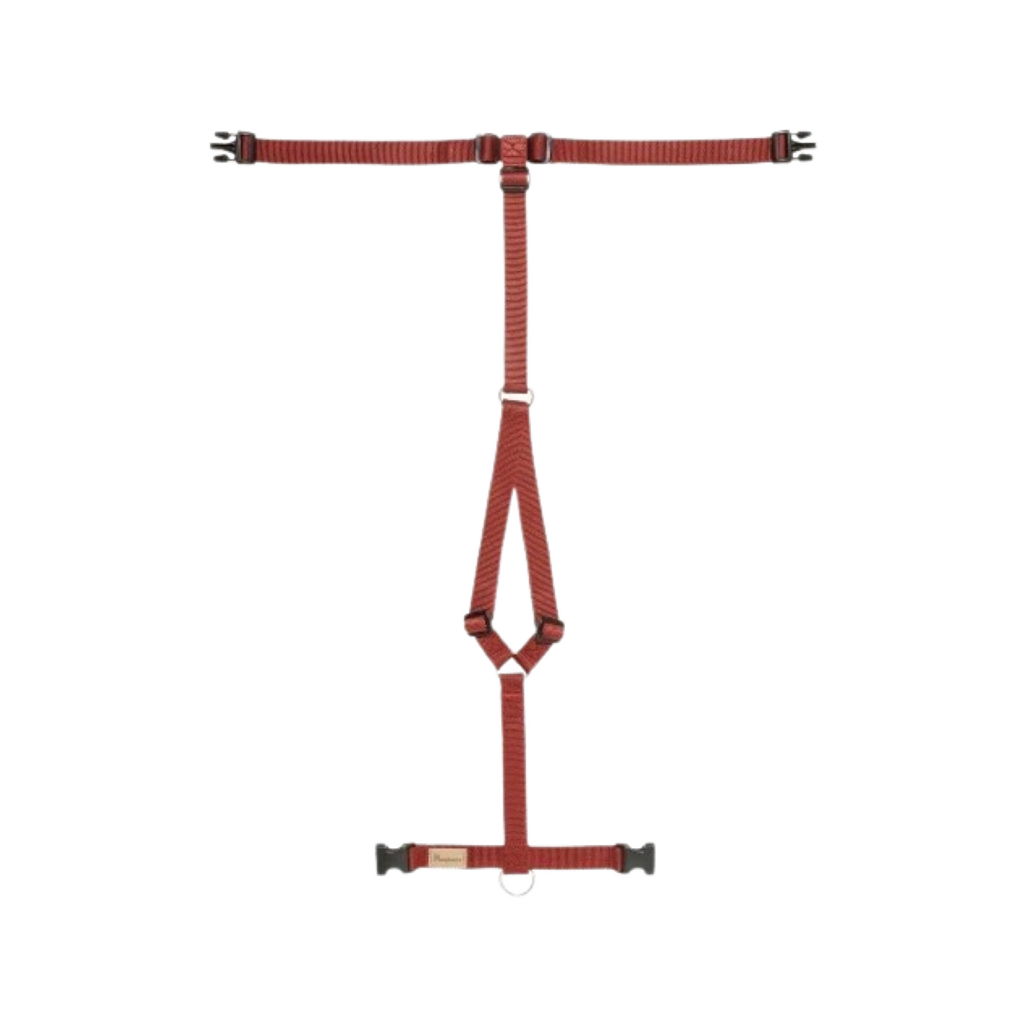 Red dog harness with stainless steel D-rings and black buckles, designed for comfort and durability.