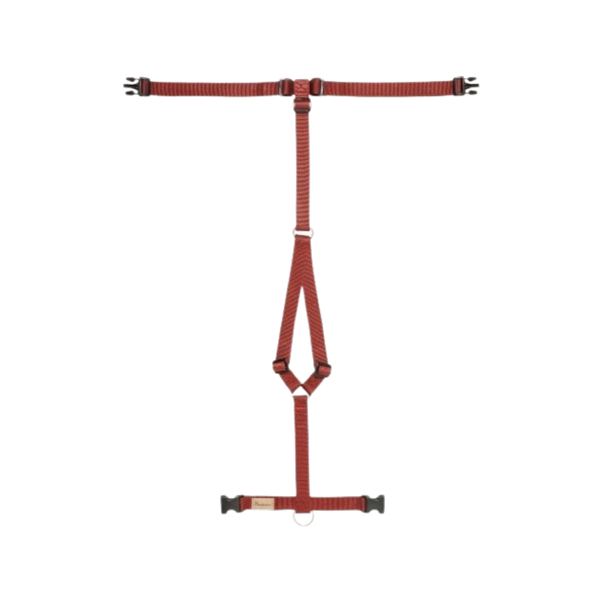 Red dog harness with stainless steel D-rings and black buckles, designed for comfort and durability.