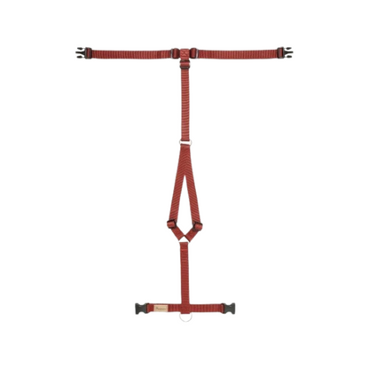 Red dog harness with stainless steel D-rings and black buckles, designed for comfort and durability.