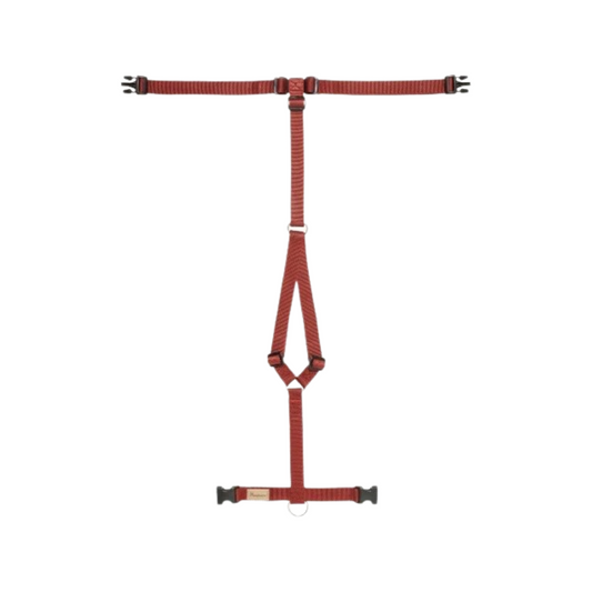 Red dog harness with stainless steel D-rings and black buckles, designed for comfort and durability.